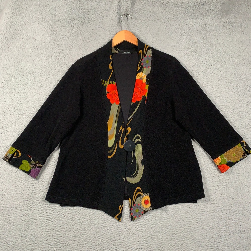 Moonlight Y & S Fashion Design Floral Kimono Jacket Womens Large Black Art Wear